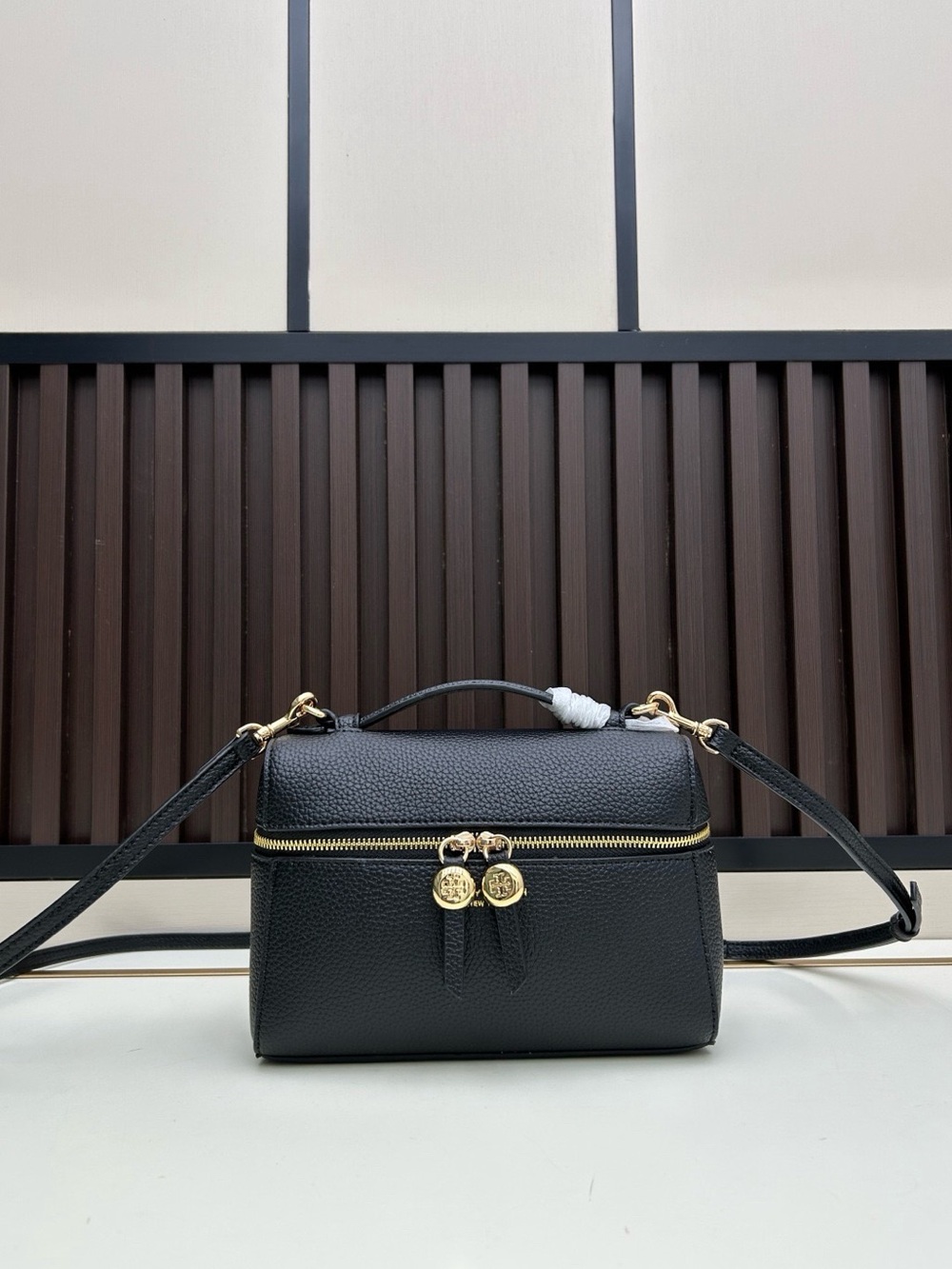 Black Leather Crossbody with Gold Hardware
